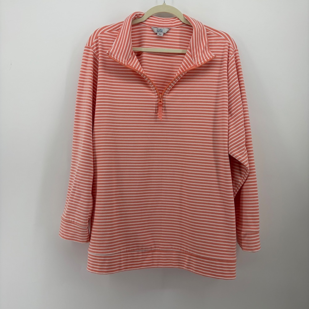 Croft & Barrow Womens 2X Coral Striped Fleece Quarter Zip Pullover Sweatshirt